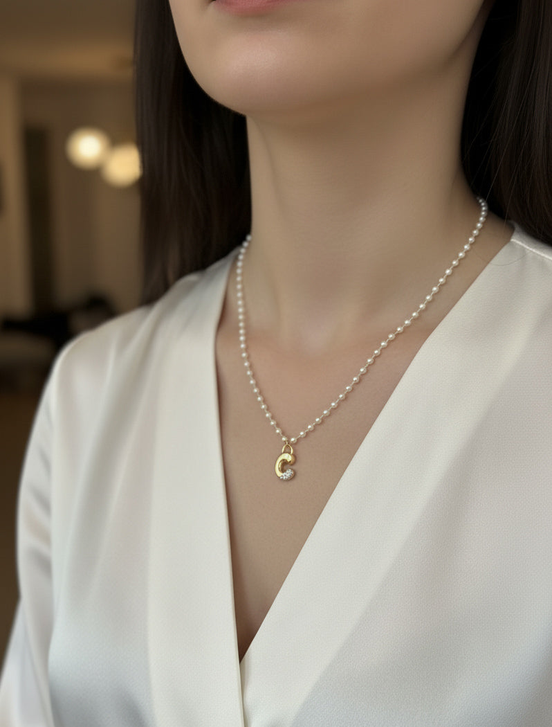 Personalized Pearl Initial Necklace - Dainty Gold Letter Monogram Jewelry - 925 sterling silver charm