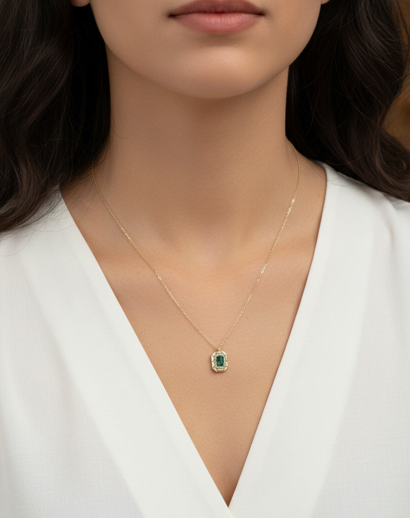 Minimalist Silver Necklace – Dainty One Stone Pendant Jewelry - Green or White Stone