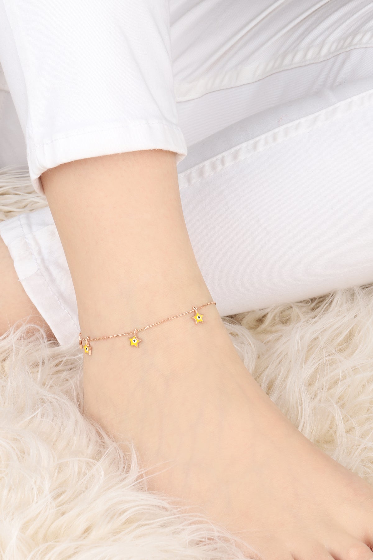 Yellow Enameled Star Silver Anklet