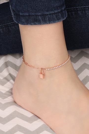 Half Tennis Half Cuban Chain Lock Silver Anklet, Simple Anklet•tennis anklet•clear stones