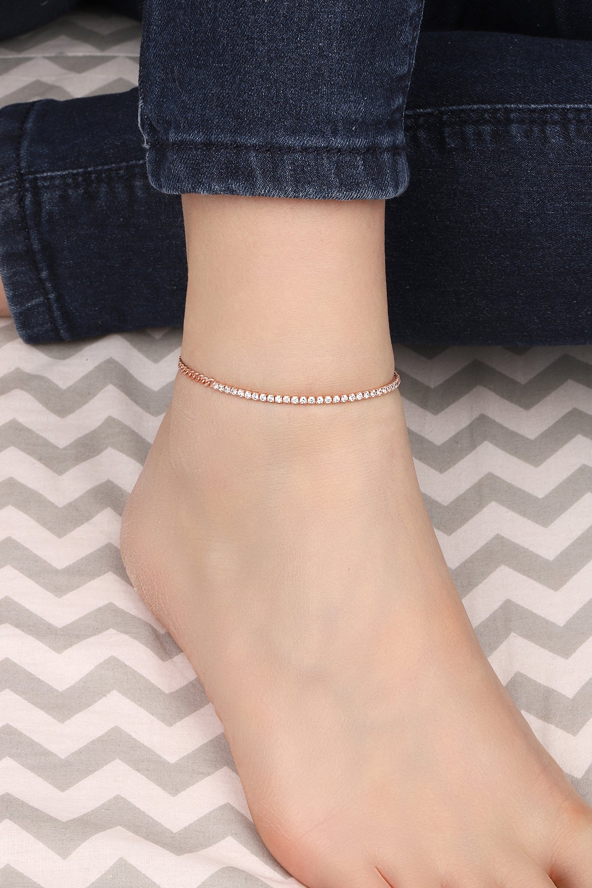 Half Tennis Half Italian Chain Lock Silver Anklet
