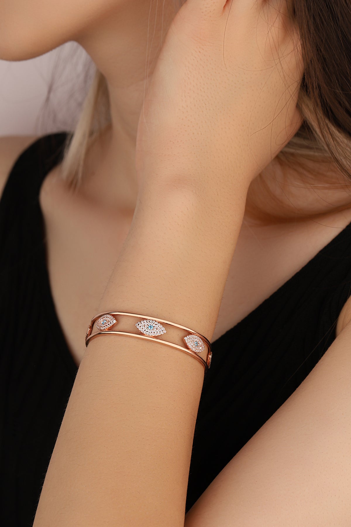 Evil Eye Stone Silver Cuff Bracelet, Sterling Silver Evil Eye Cuff Bracelet: Rose Gold, Gold, or Rhodium
