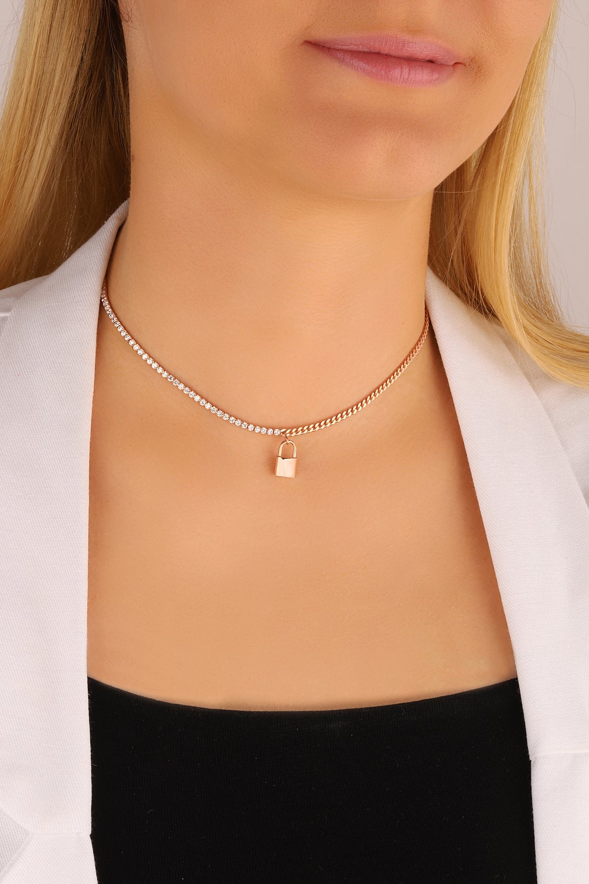 Half Tennis Half Gourmet Chain Lock Silver Choker Necklace - Cuban Link Chain