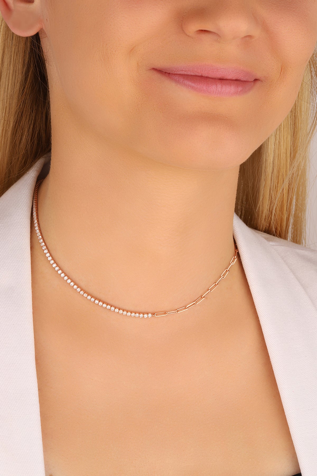 Sterling Silver Half Tennis Choker – Half Italian Chain Modern Necklace