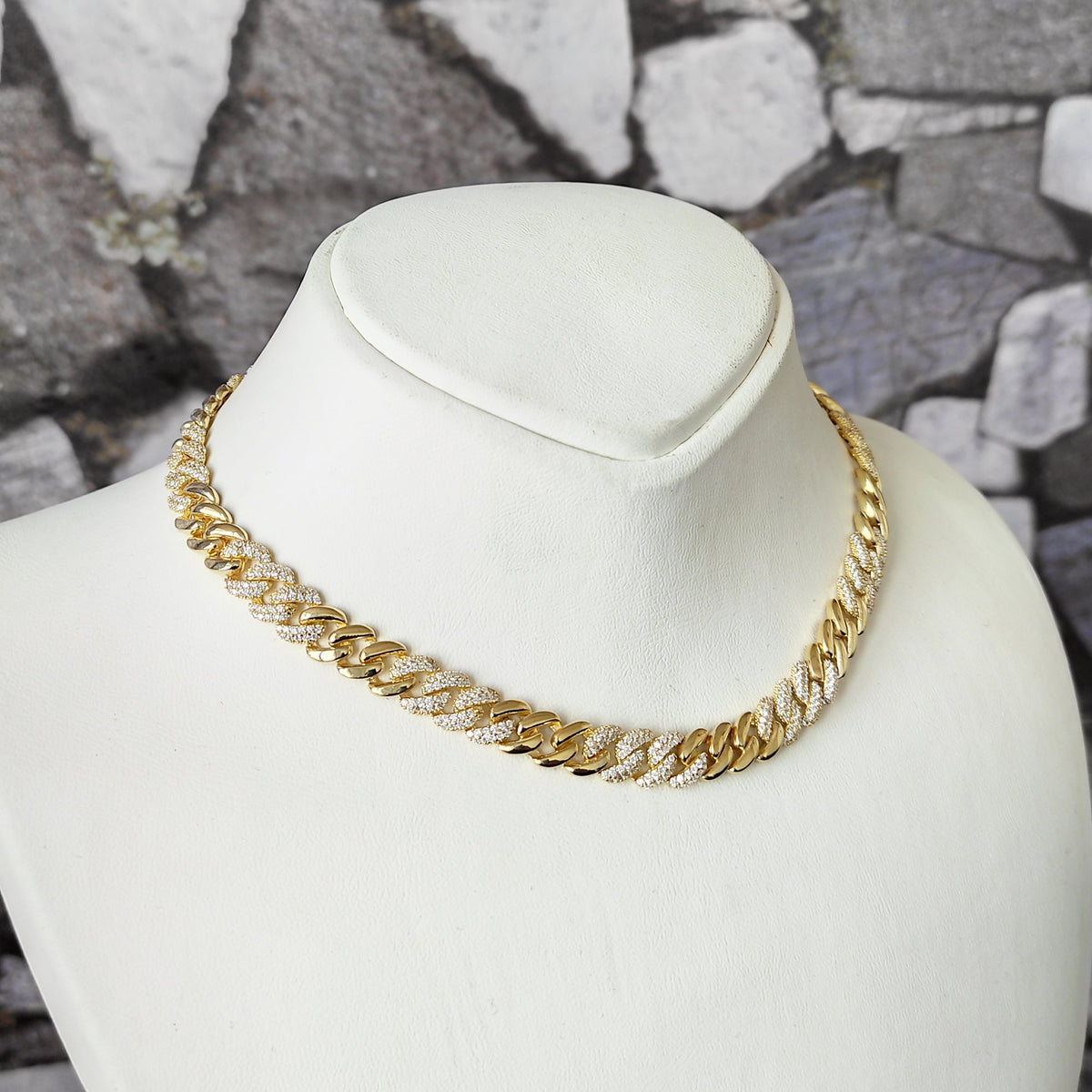 Thick Cuban Link Chain Half Stone Half Stoneless Silver Choker Necklace