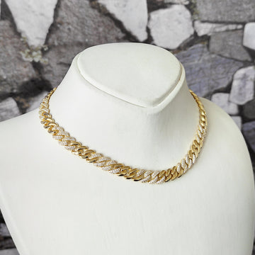 Thick Cuban Link Chain Half Stone Half Stoneless Silver Choker Necklace