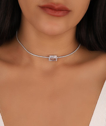 2mm Rectangular Tennis Chain Necklace – 925 Sterling Silver Baguette Link Choker, Minimalist Layering Jewelry