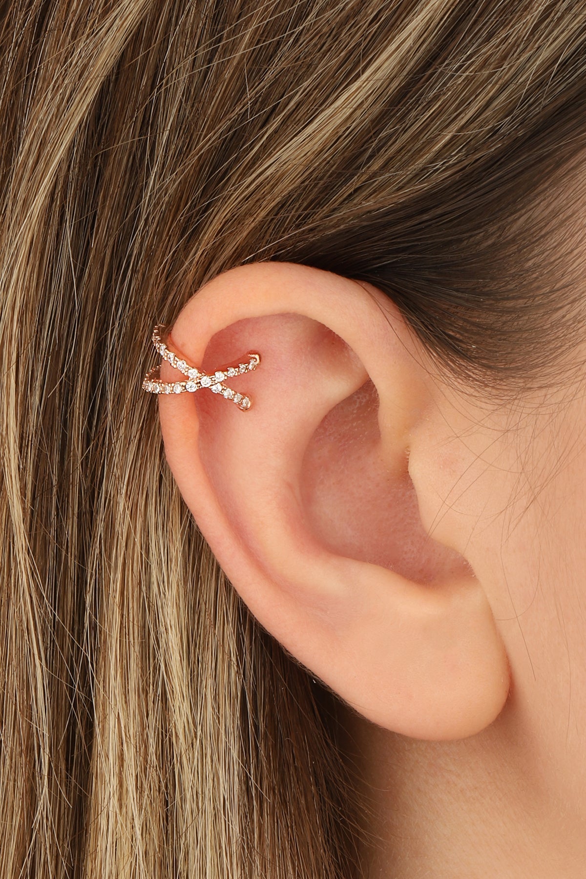 White Stone Cross Silver Cartilage Earrings