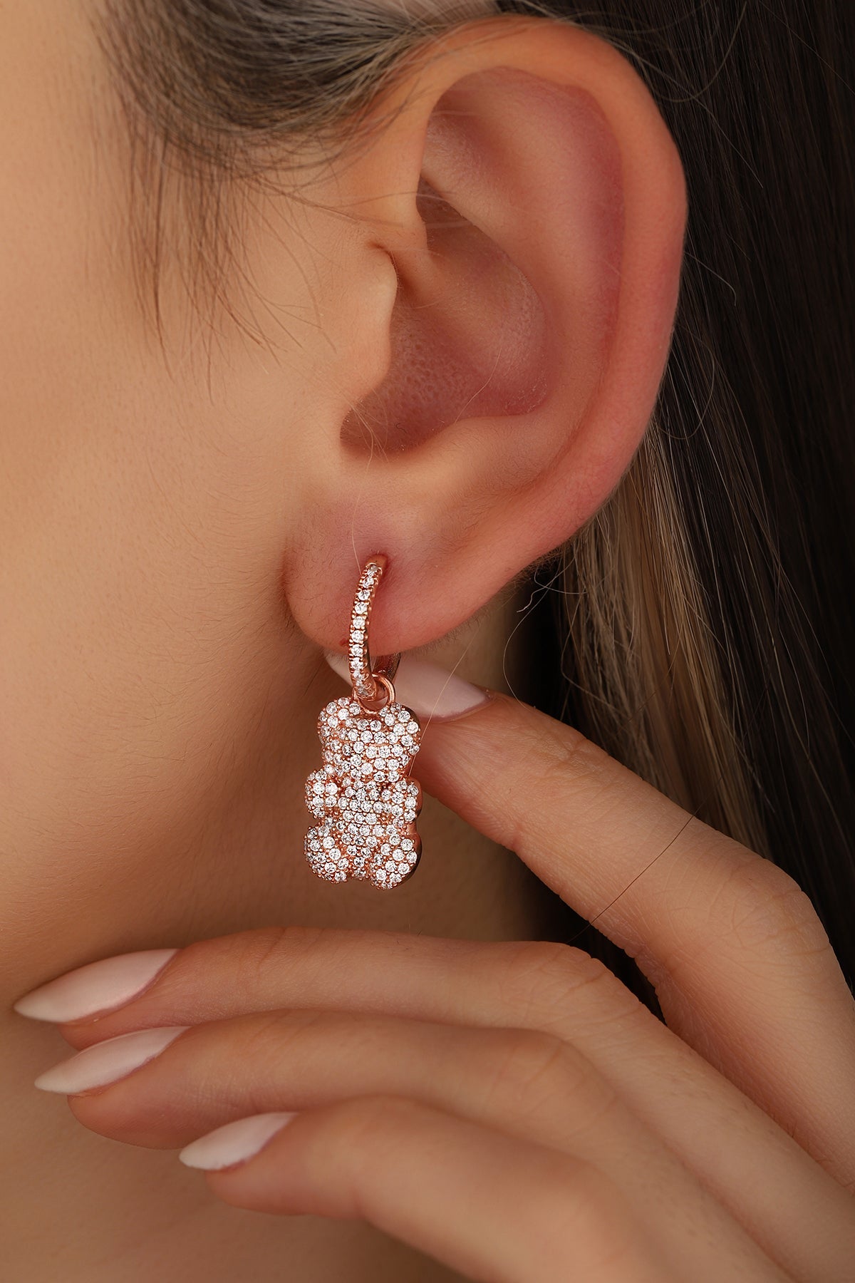 Stone Teddy Bear Silver Earrings, Gummy Bear Earrings