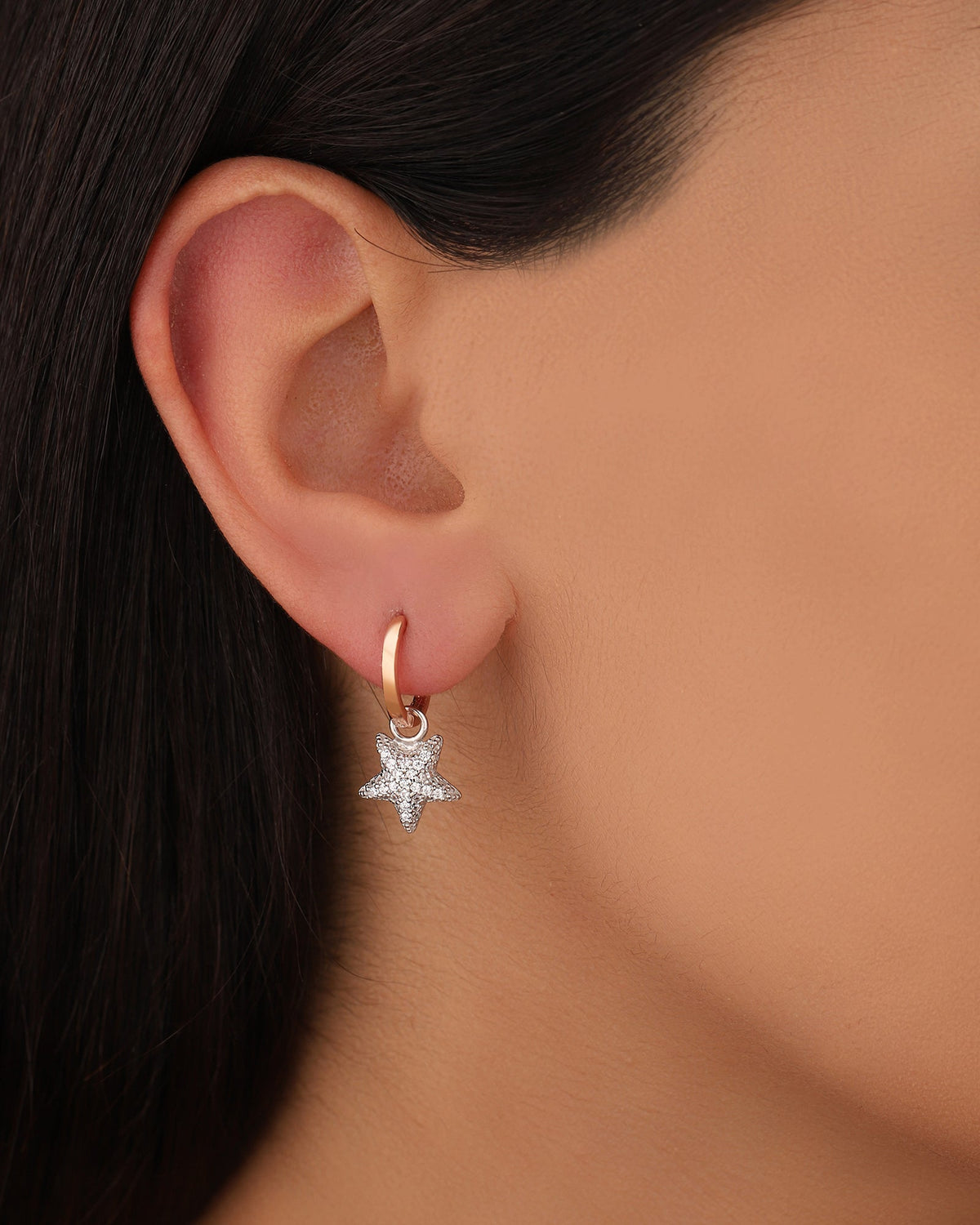 Sterling Silver CZ Heart or Star Earrings, Tiny Dangle Hoop Earrings