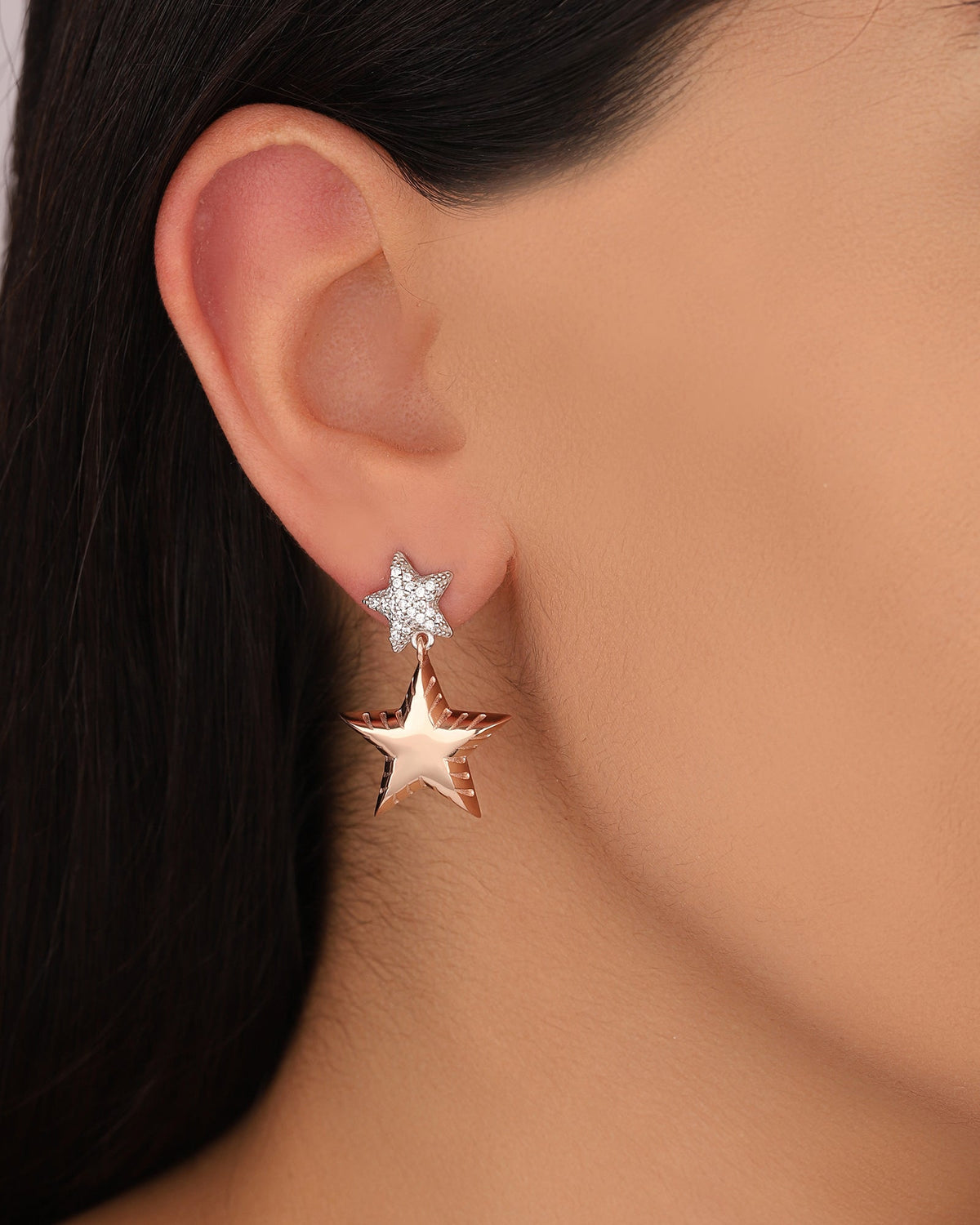 Star Drop Dangle Earrings, Double Color Double Star Silver Earrings