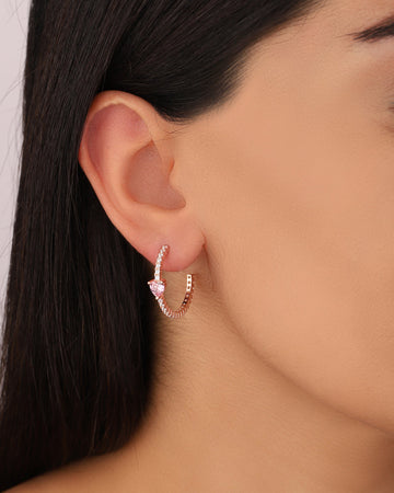 Heart Half Ring Sterling Silver Earrings with Pink Stones