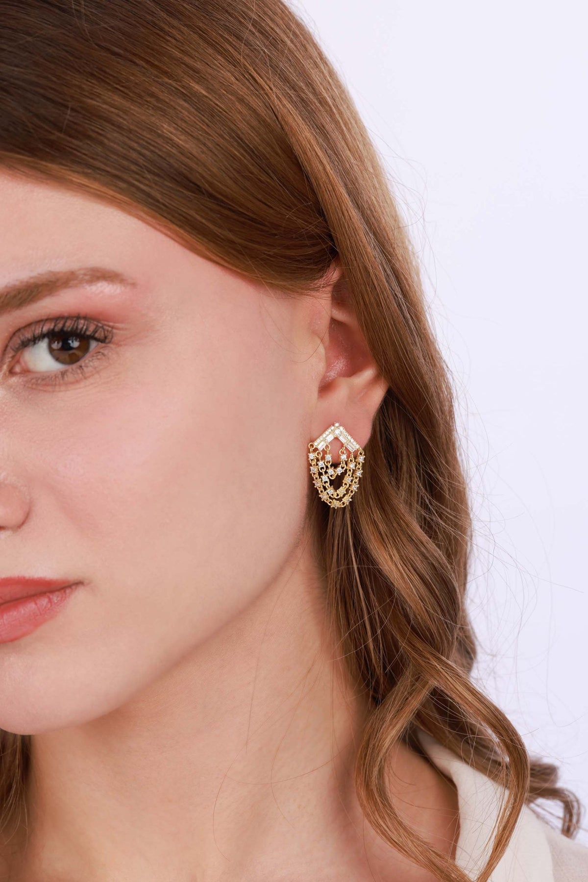 White Stone Dangling Silver Chain Drop Earrings