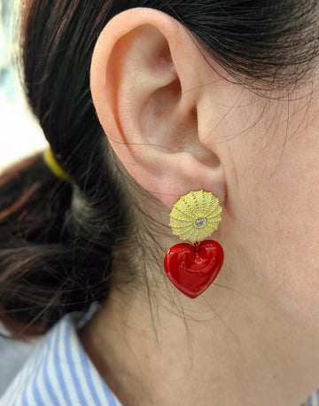 Heart Drop Earrings Double Part Dangle Drop Earrings, Red Enamel Heart