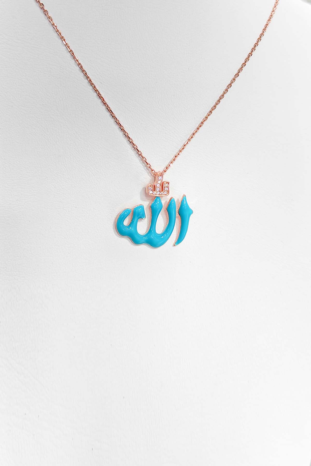 Turquoise Enameled Arabic GOD Silver Necklace