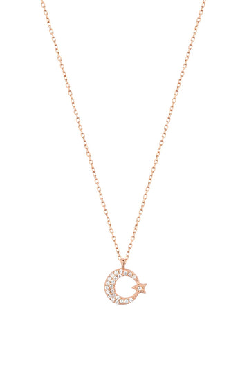 Sterling Silver Moon & Star Necklace – Small White Stone Dainty Pendant