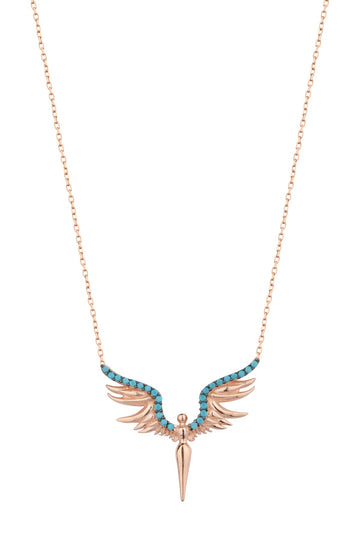 Silver Angel Wings Necklace with Turquoise Stone