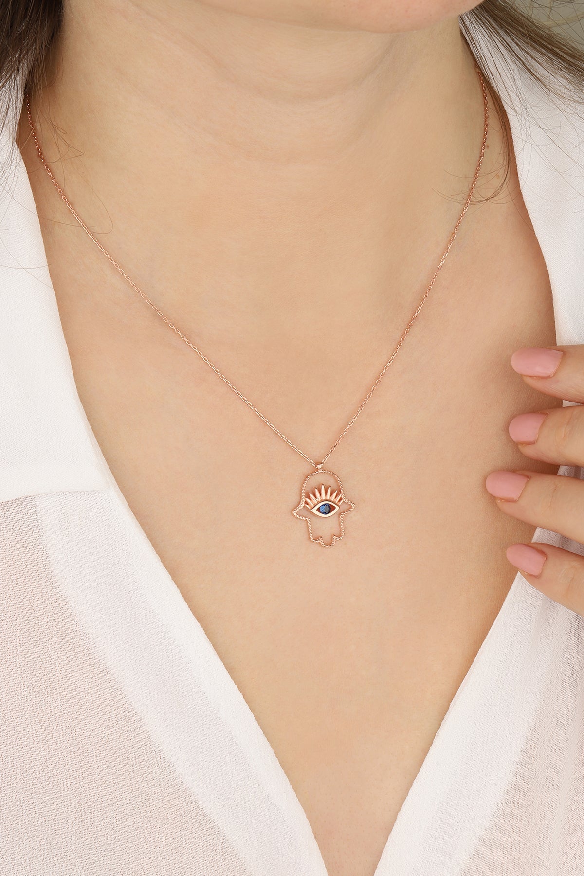 Middle Eyed Silver Fatma Mother's Hand Necklace