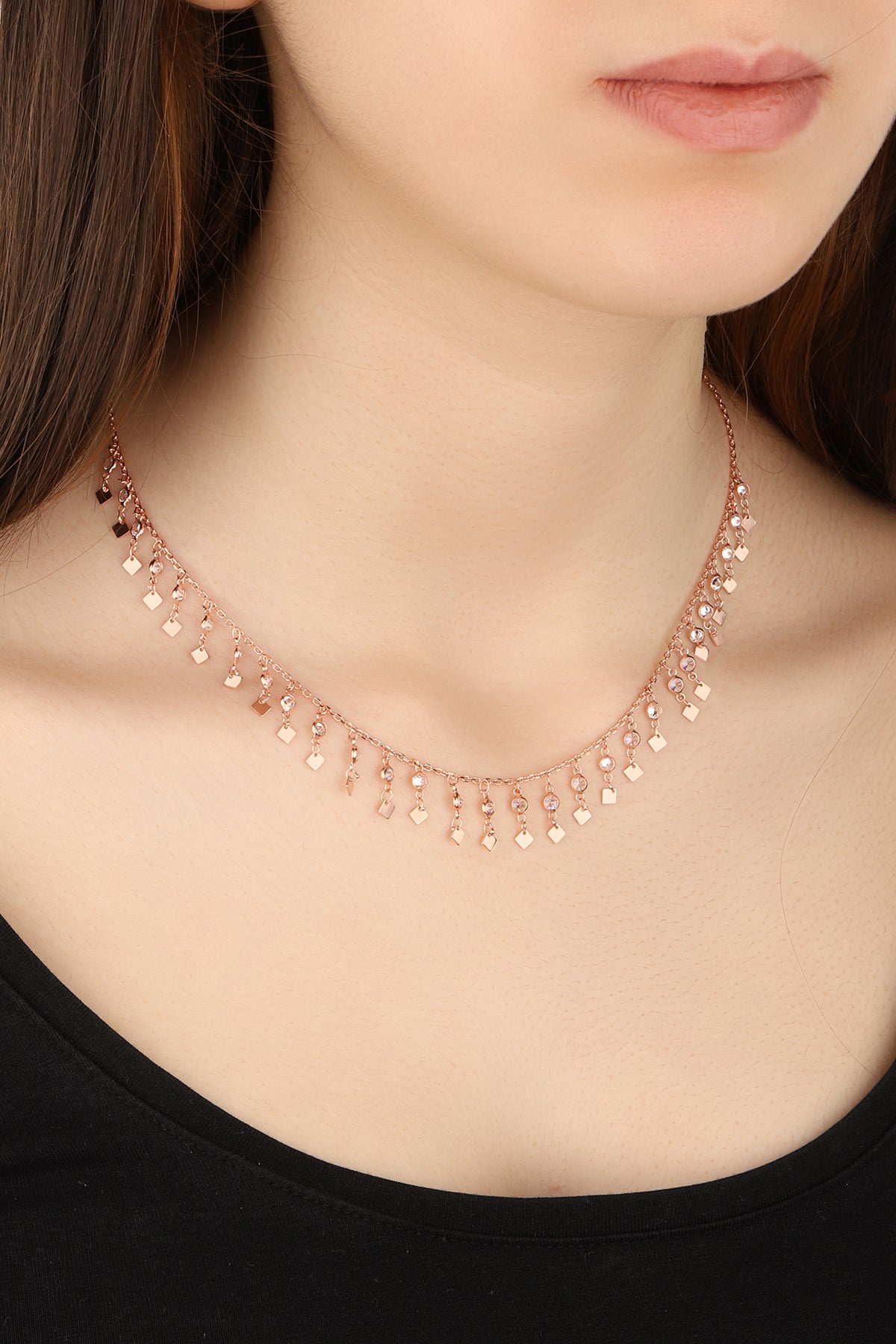 Stony Dangle Multi Silver Chance Necklace, 925 Solid Sterling Silver, Zirconia Gemstone, Rose Gold Vermeil