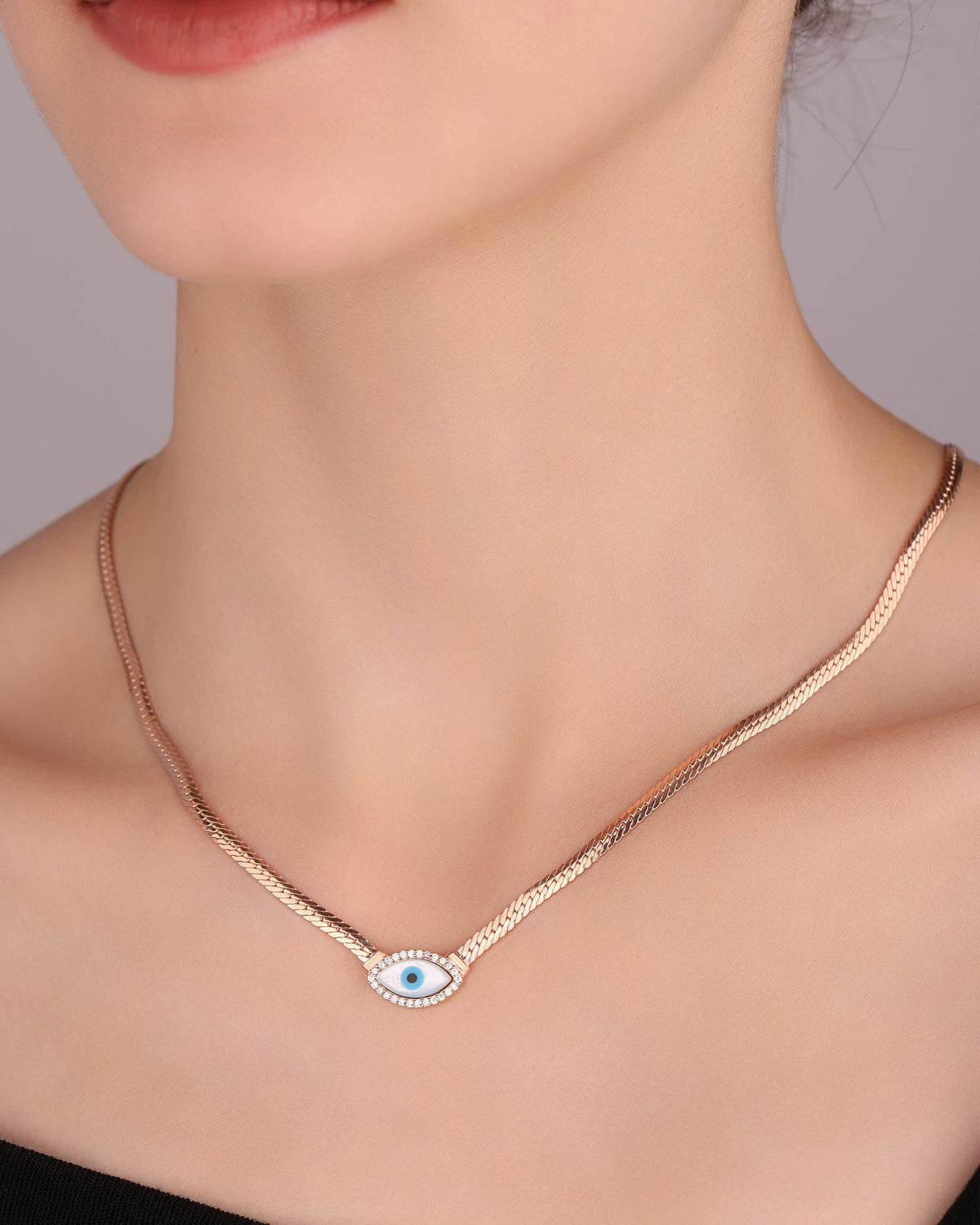 Snake Layered Chain with opal evil eye - Herringbone Chain Necklace