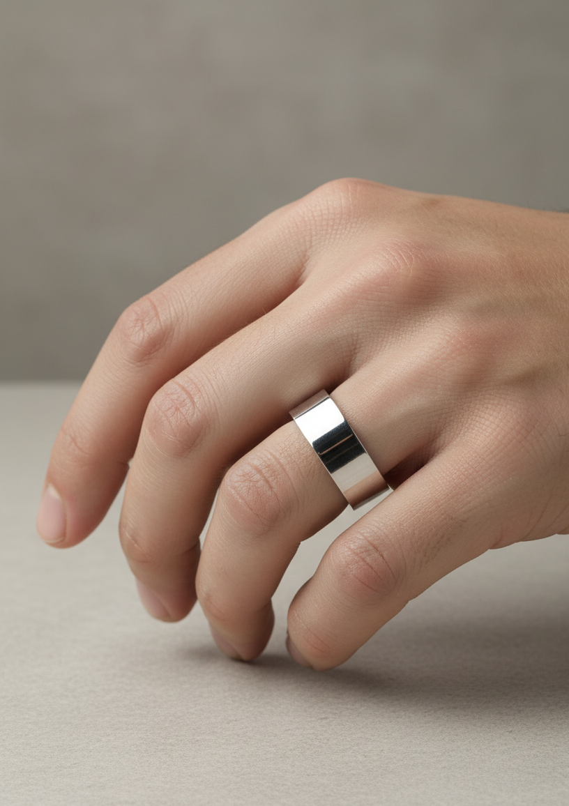 Silver Men's Wedding Band Ring Flat Surface Oval