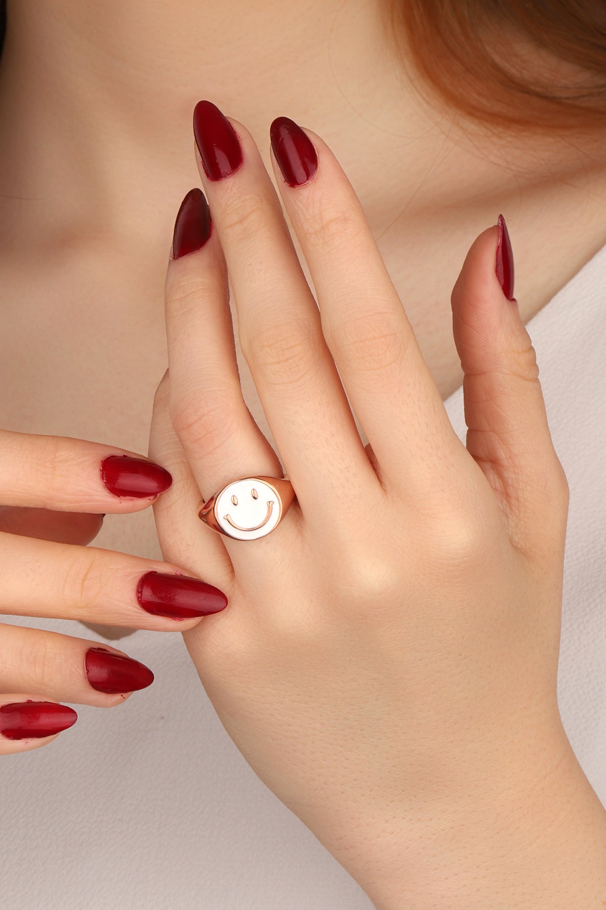 White Enameled Smiley Emoji Silver Ring