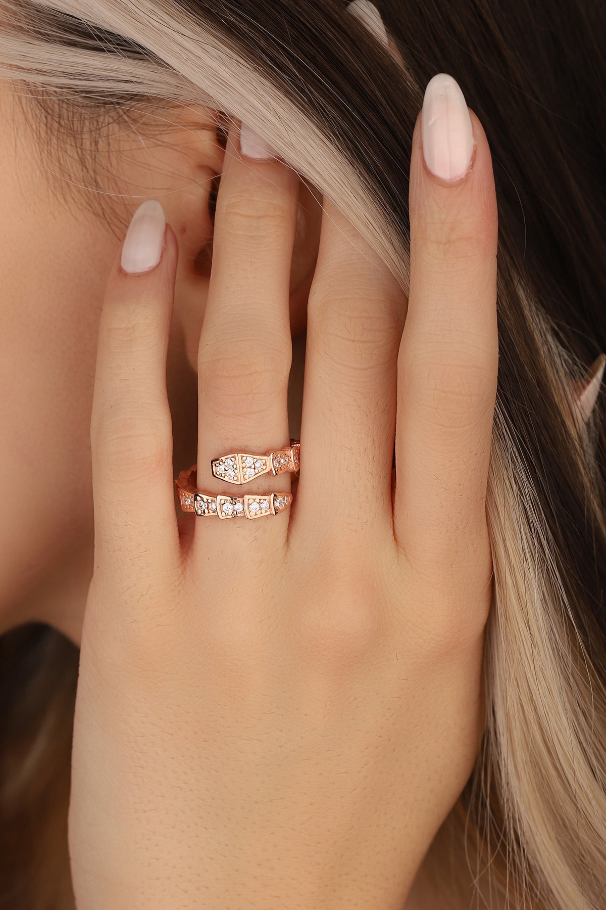 White Stone Silver Snake Ring, adjustable snake ring
