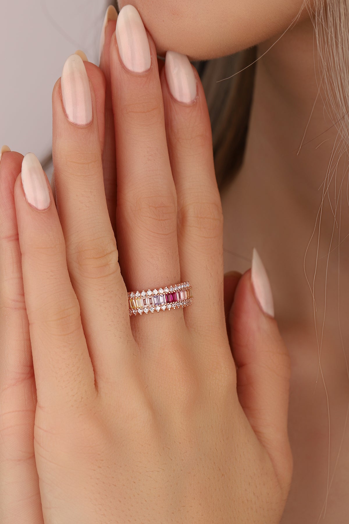 Light Colored Baguette Stone Sterling Silver Ring