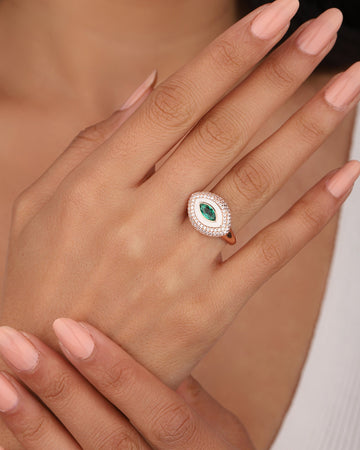 White Enamel Eye Silver Ring with Green Stone in the Middle