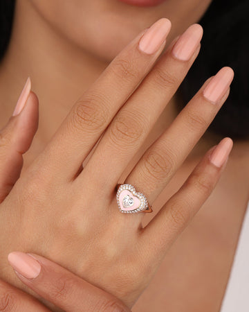Pink Enamel Heart Stone Heart Sterling Silver Ring, CZ Zircon Ring