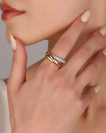 Intertwined 3-Color Silver Ring - Triple Tone Interlocking Silver Ring – 3 Band Stackable Ring for Women