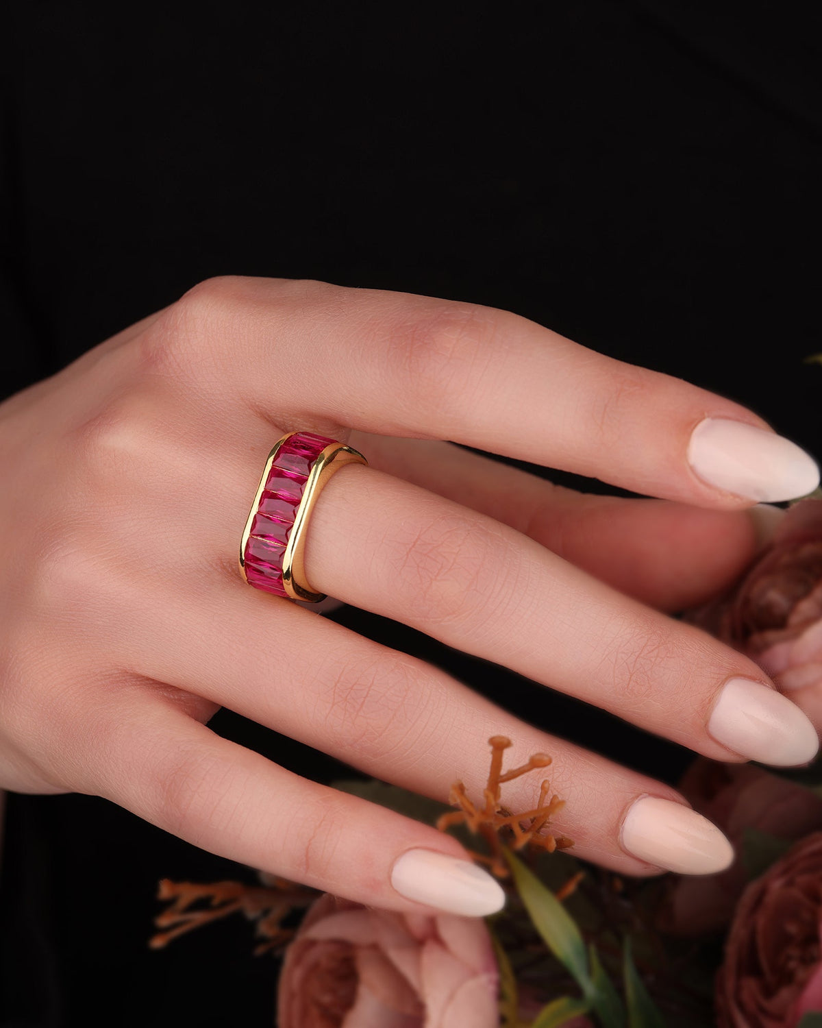 Ruby Baguette Stone Silver Ring