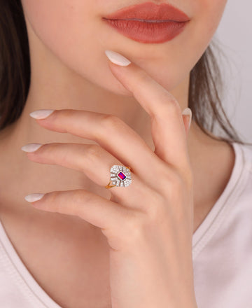 Ruby Baguette Stone Double Colored Sterling Silver Ring