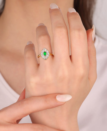 Green Baguette  Middle Stone Double Color Sterling Silver Ring