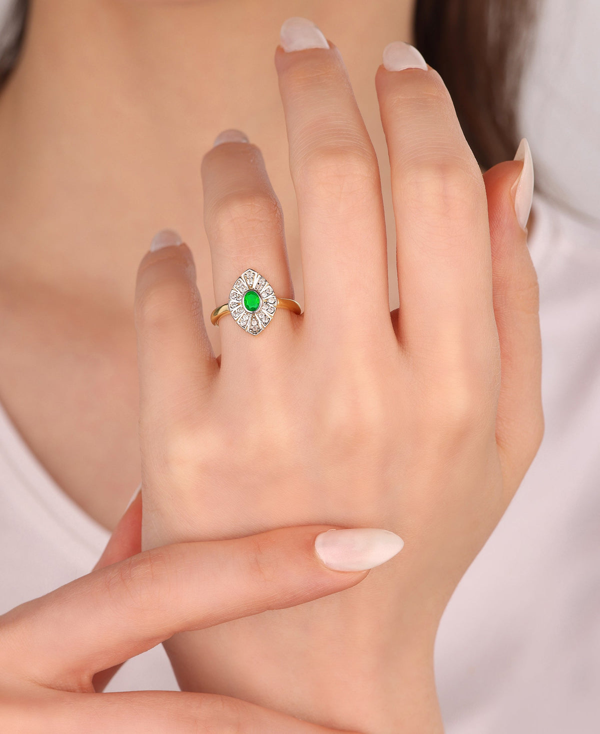 Green Baguette  Middle Stone Double Color Sterling Silver Ring