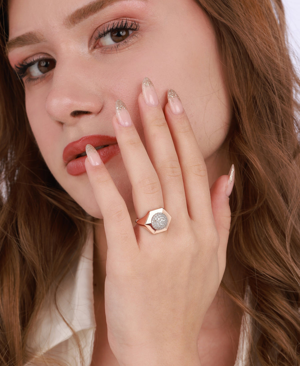 Polygonal Model Silver Ring with Round Center, Geometric Zircon Ring for Women