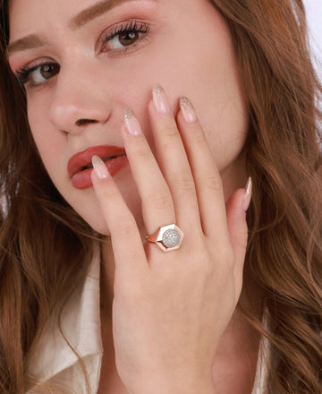Polygonal Model Silver Ring with Round Center, Geometric Zircon Ring for Women