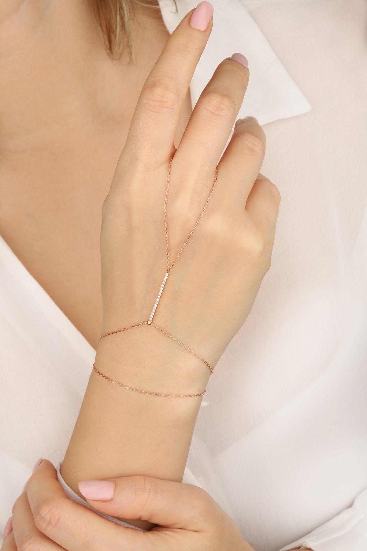Flat Bar White Zircon Sterling Silver Shahmeran Bracelet, ADJUSTABLE SLAVE BRACELET - Elegant Hand Chain Bracelet - Hand Chain Bracelet