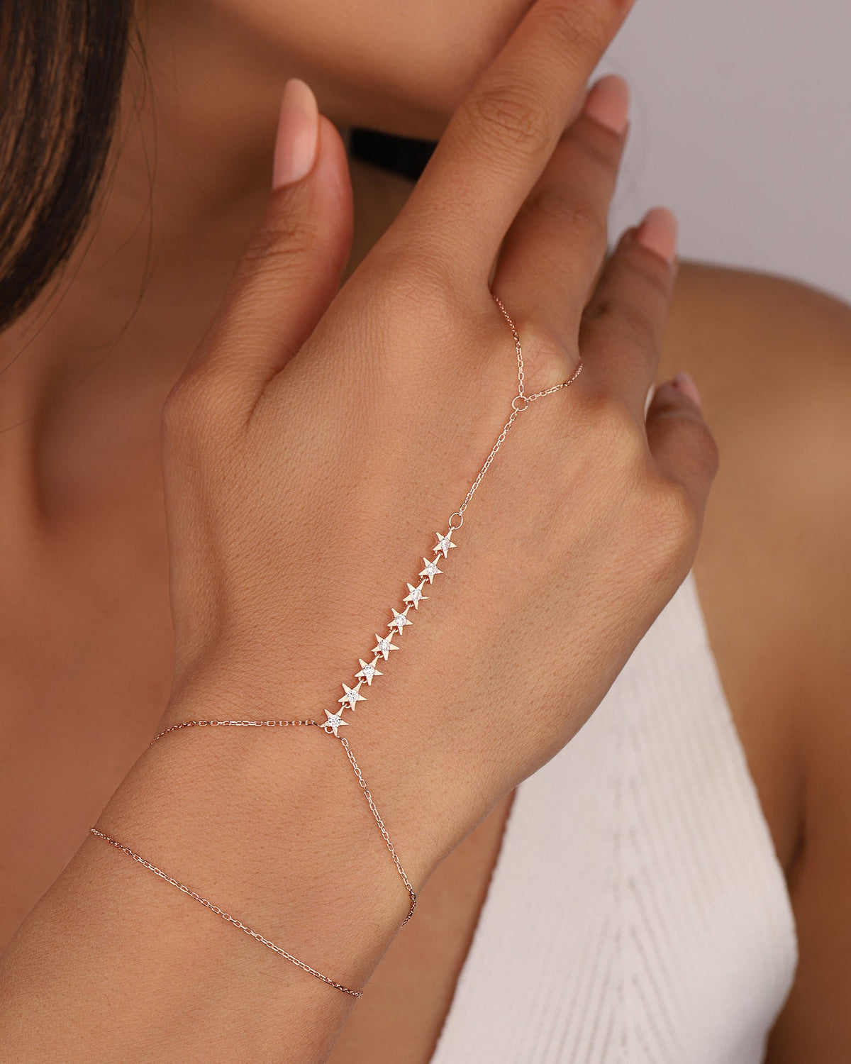 Sterling Silver Sword Bracelet with Sequenced Stars, Hand Chain Bracelet in 925K Silver - Dainty Celestial Slave Bracelet for Women