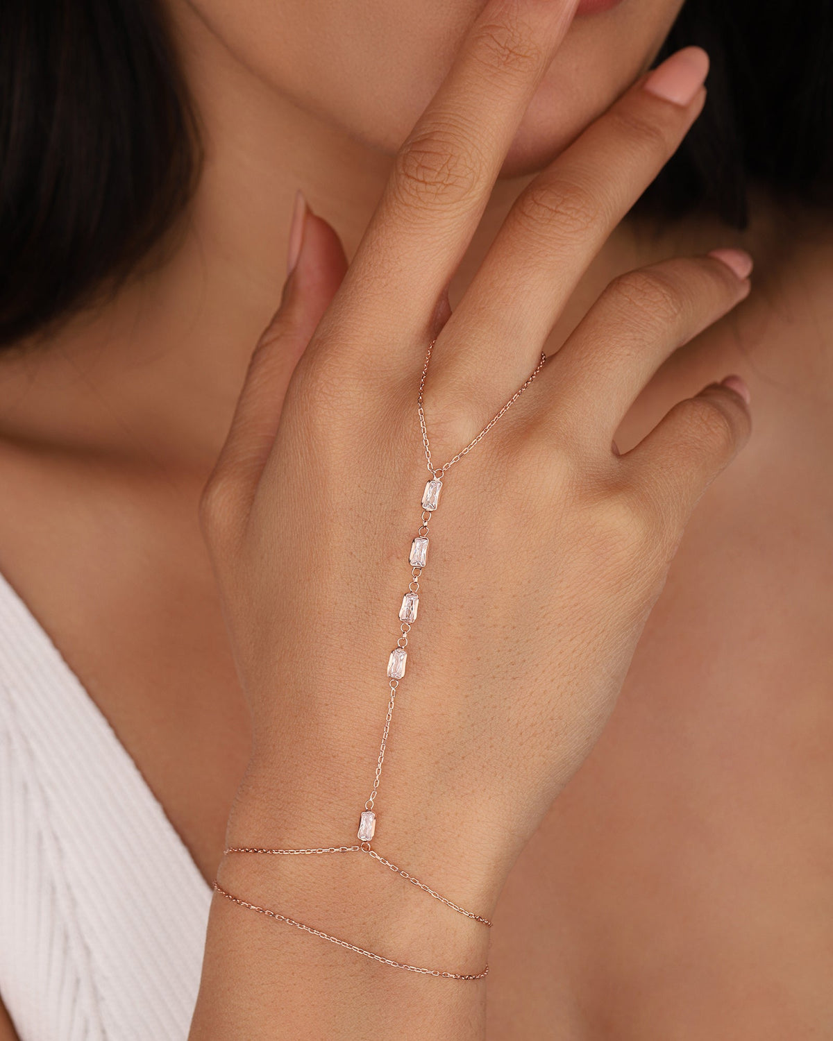 White Stone Silver Shahmeran Bracelet, Hand Chain / Ring Bracelet / Slave Bracelet