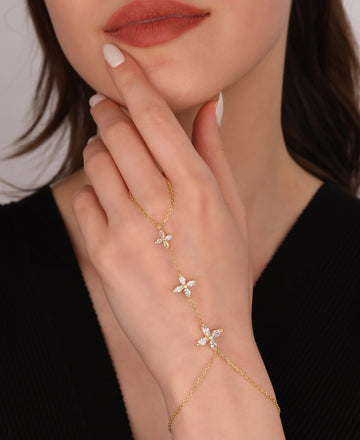 Triple Daisy Model Silver Shahmeran Bracelet, 925 Solid Silver Hand Chain, Slave Chain Adjustable Bracelet, Finger Turkish Serpent Bracelet