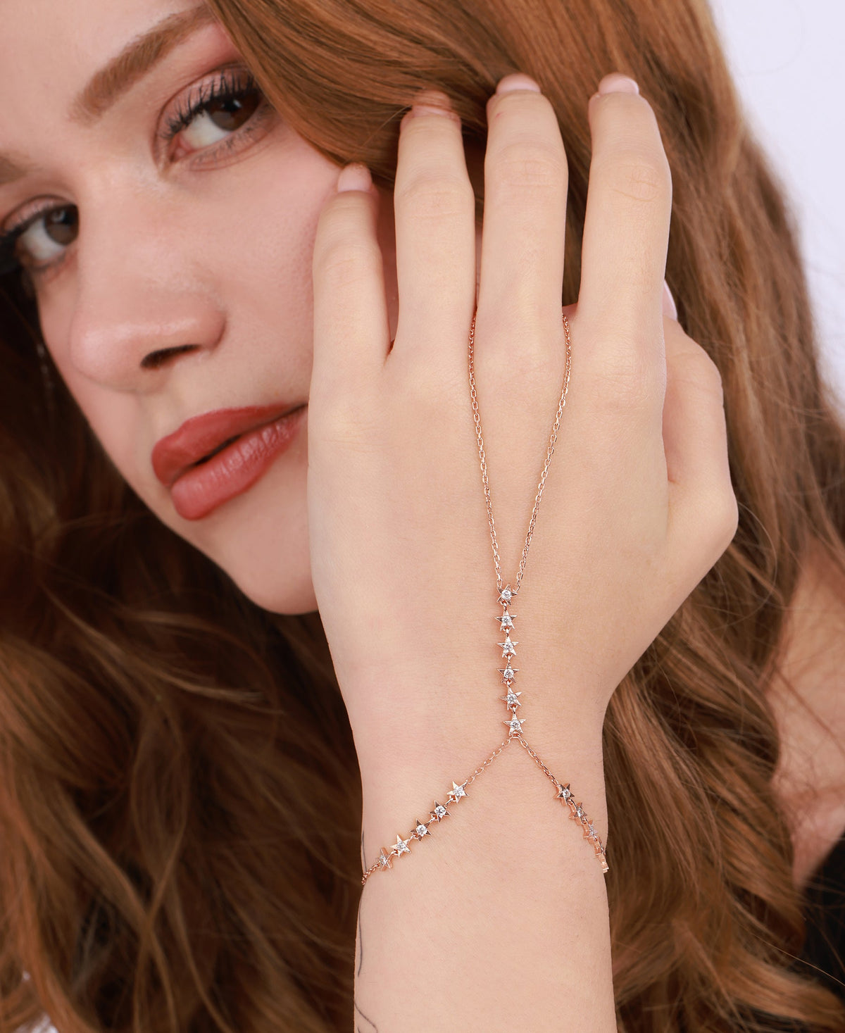 Multiple Stars on 3 Sides 925 Silver Shahmaran Bracelet, Slave Bracelet / 14Gold Chain Gold Ring Bracelet / Hand Ring Gold Handlet Bracelet
