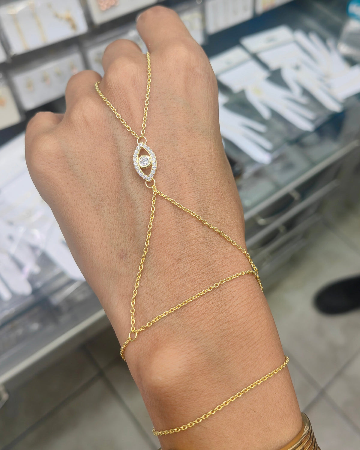 Sparkling Evil Eye Sterling Silver Hand Chain – White Stone Shahmeran Bracelet