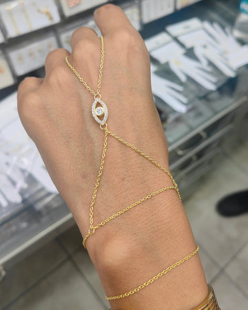 Sparkling Evil Eye Sterling Silver Hand Chain – White Stone Shahmeran Bracelet