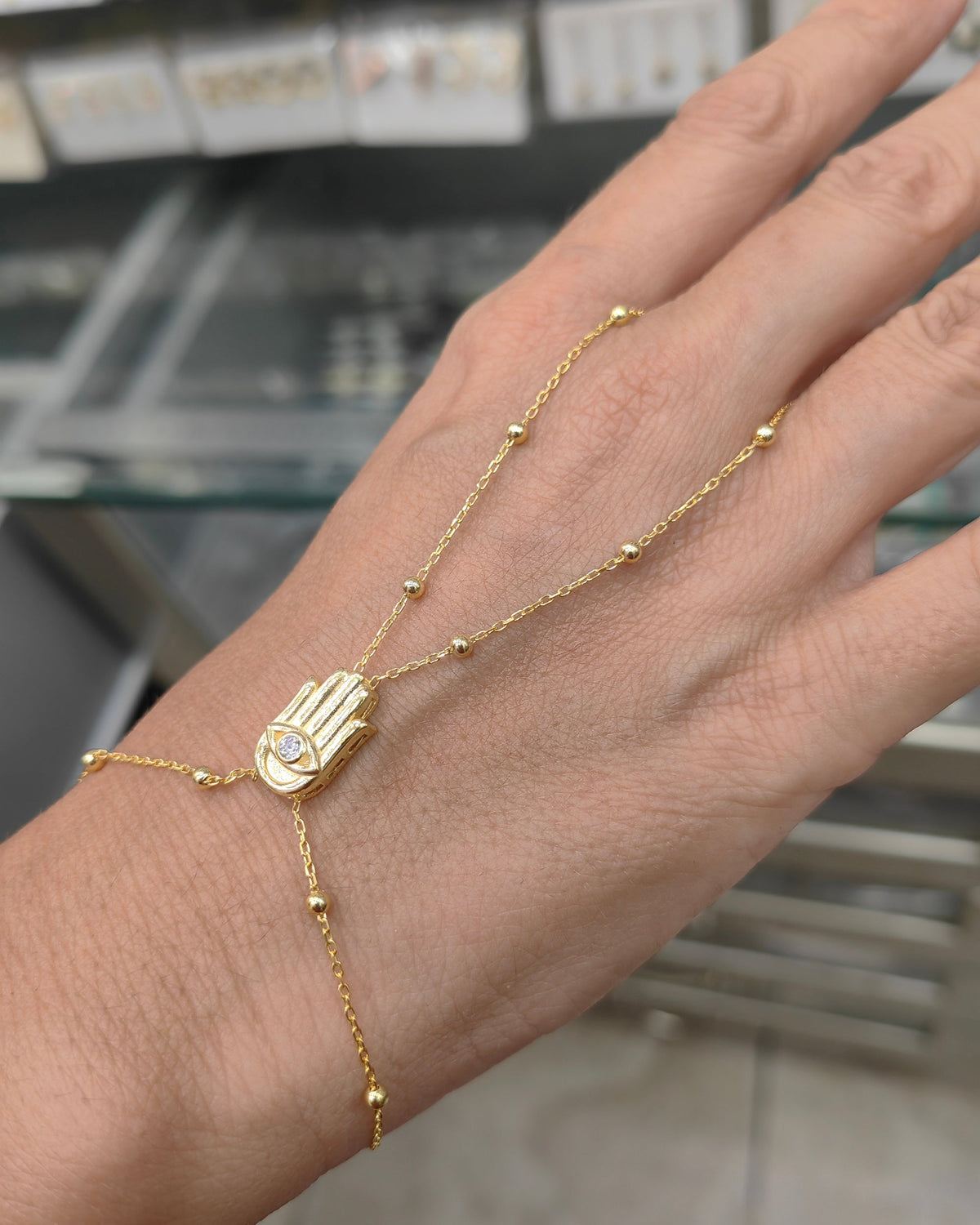 Hamsa Silver Shahmaran Hand Chain Bracelet - Single Stone