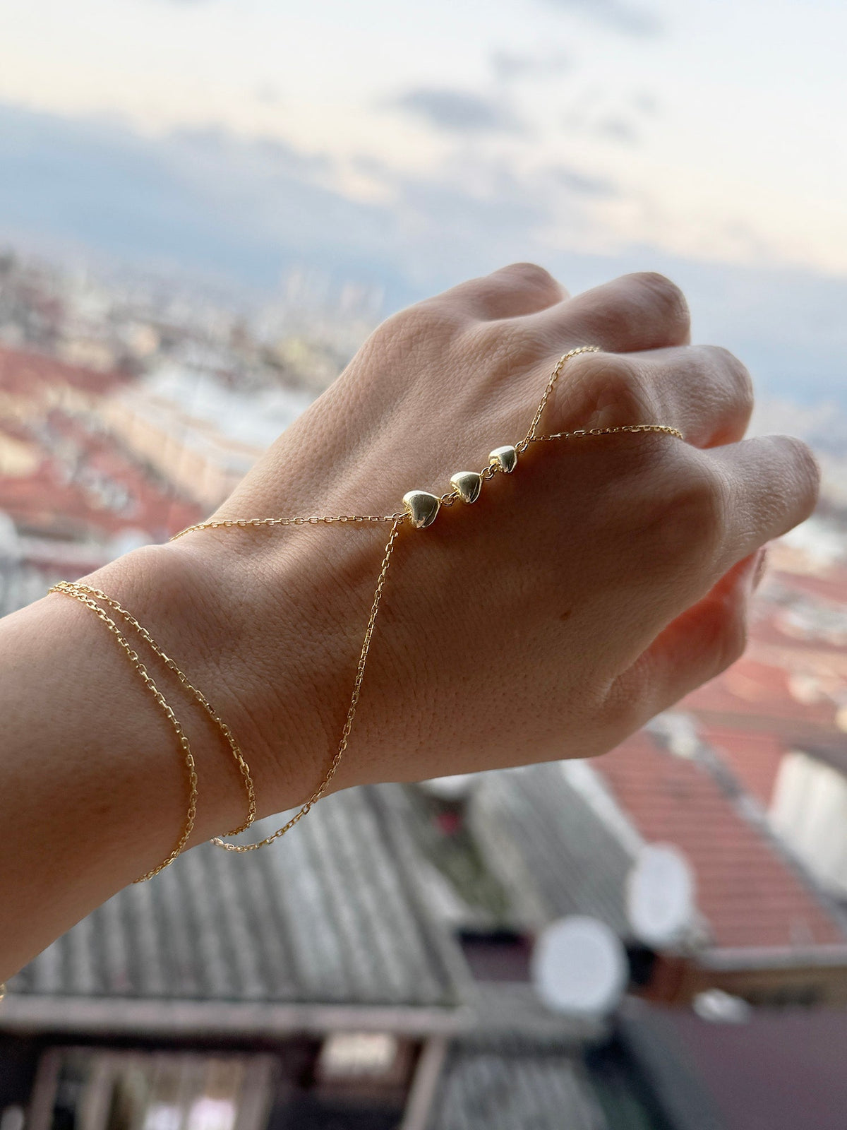 Elegant 3-Layer Heart Sterling Silver Slave Bracelet, Minimalist Hand Chain, Dainty Jewelry