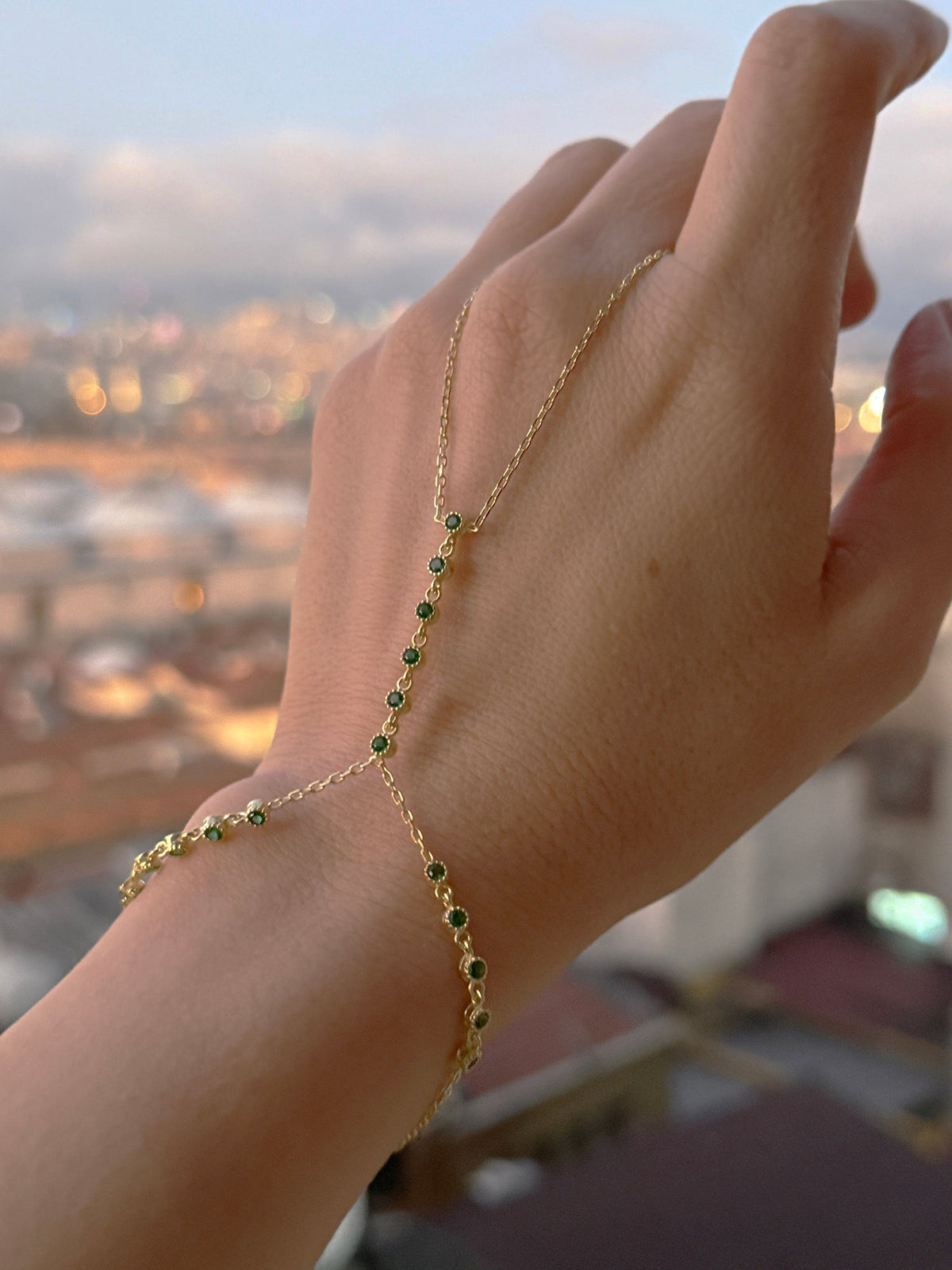 Hand Chain with Emerald Green Zircon Stone, Dainty Slave Bracelet