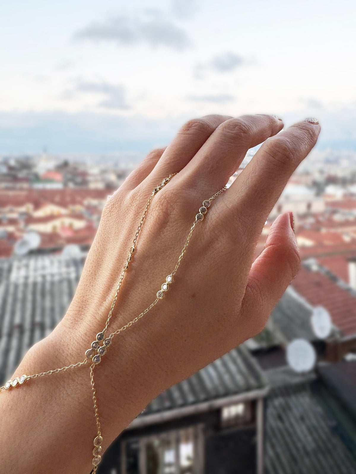 925 Sterling Silver Hand Chain with White Zircon – Layered Sparkly Slave Bracelet