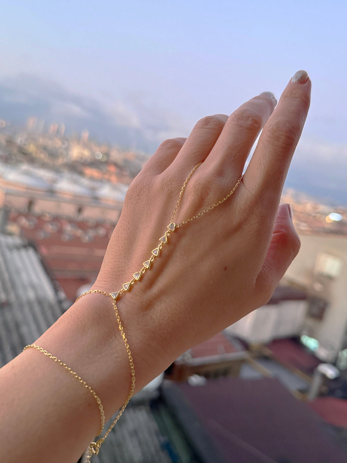 Minimalist Triangle Stone Hand Chain Bracelet – Boho Silver Slave Bracelet