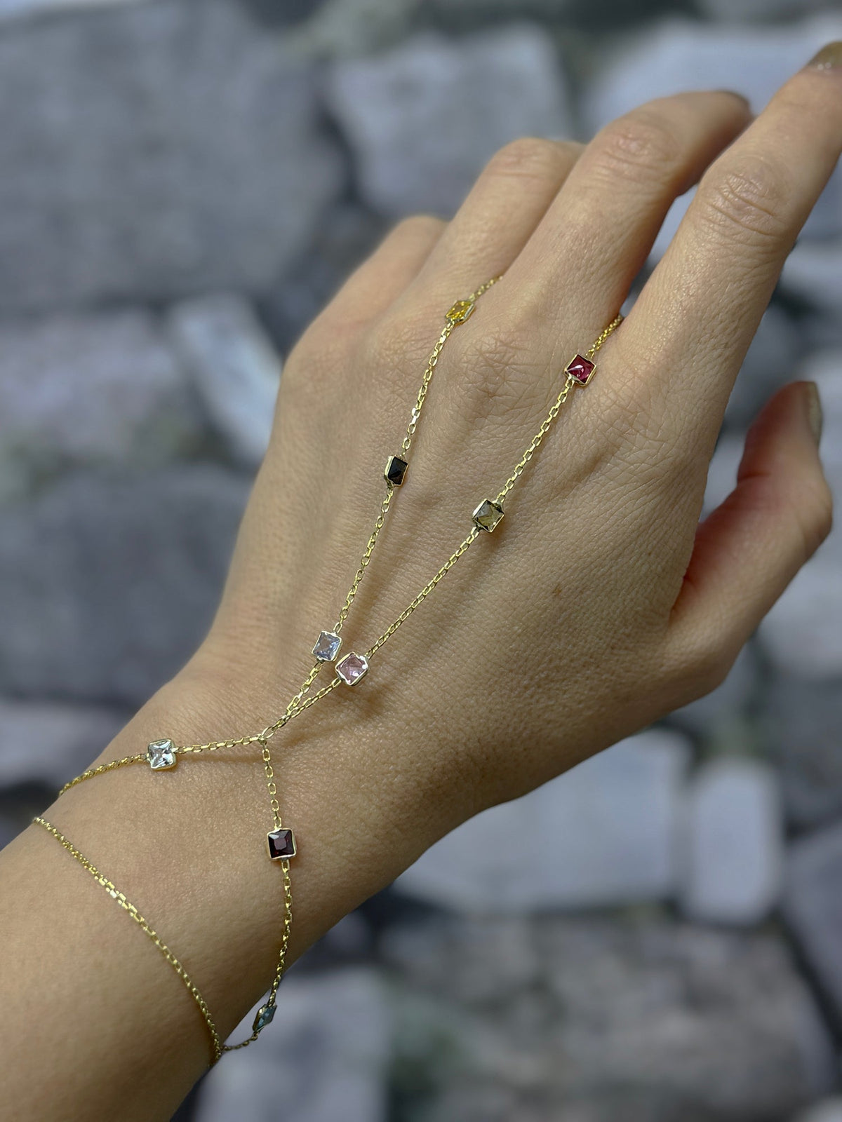 925 Sterling Silver Slave Bracelet with Colorful Stones – Eye-Catching Hand Jewelry